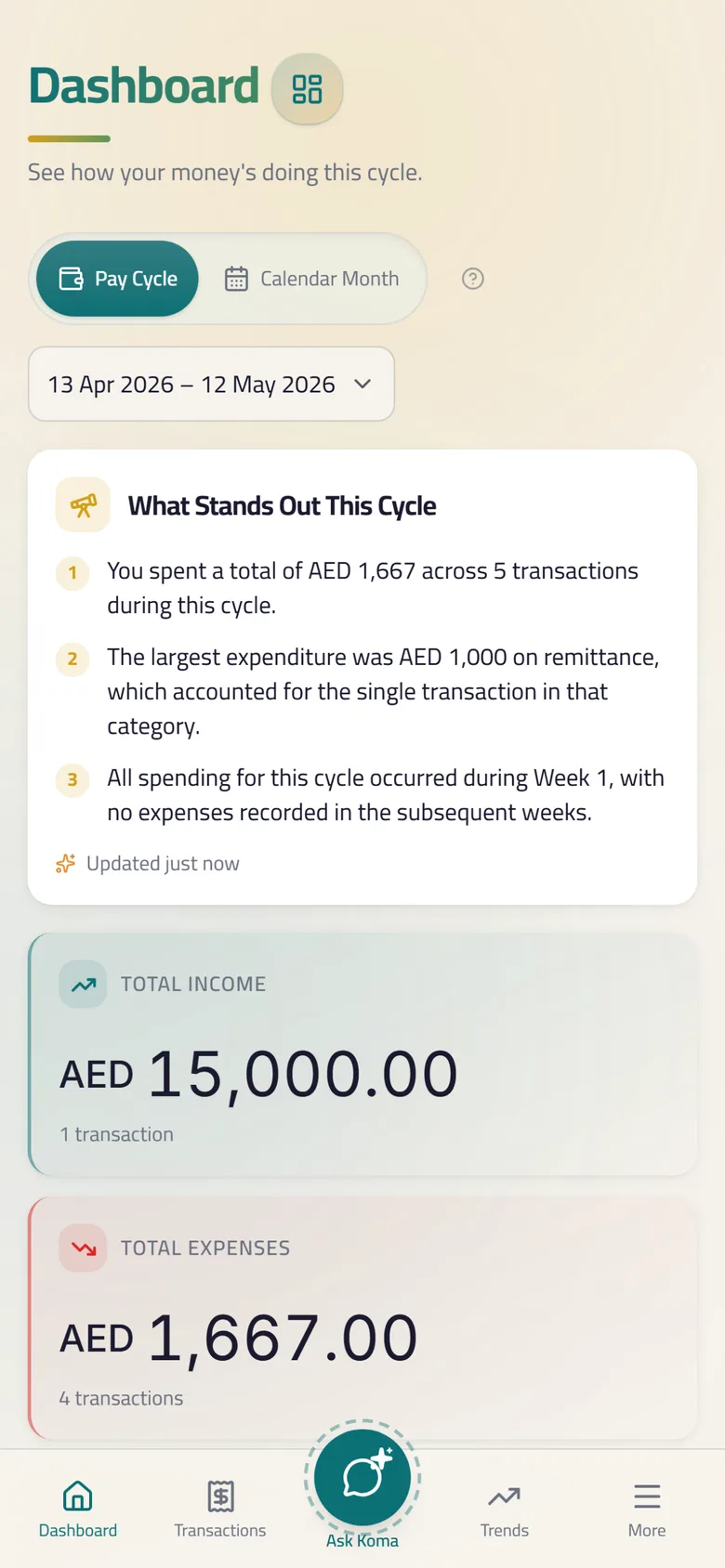 Koma app screen: The cycle begins on your day.